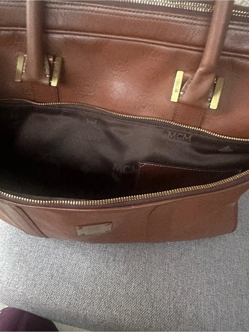 MCM Cognac Leather Briefcase with Gold Plaque